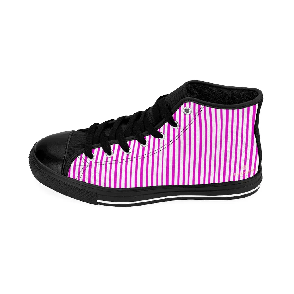 Pink Striped Men's High-top Sneakers, Vertically Stripes Men's Designer Tennis Running Shoes