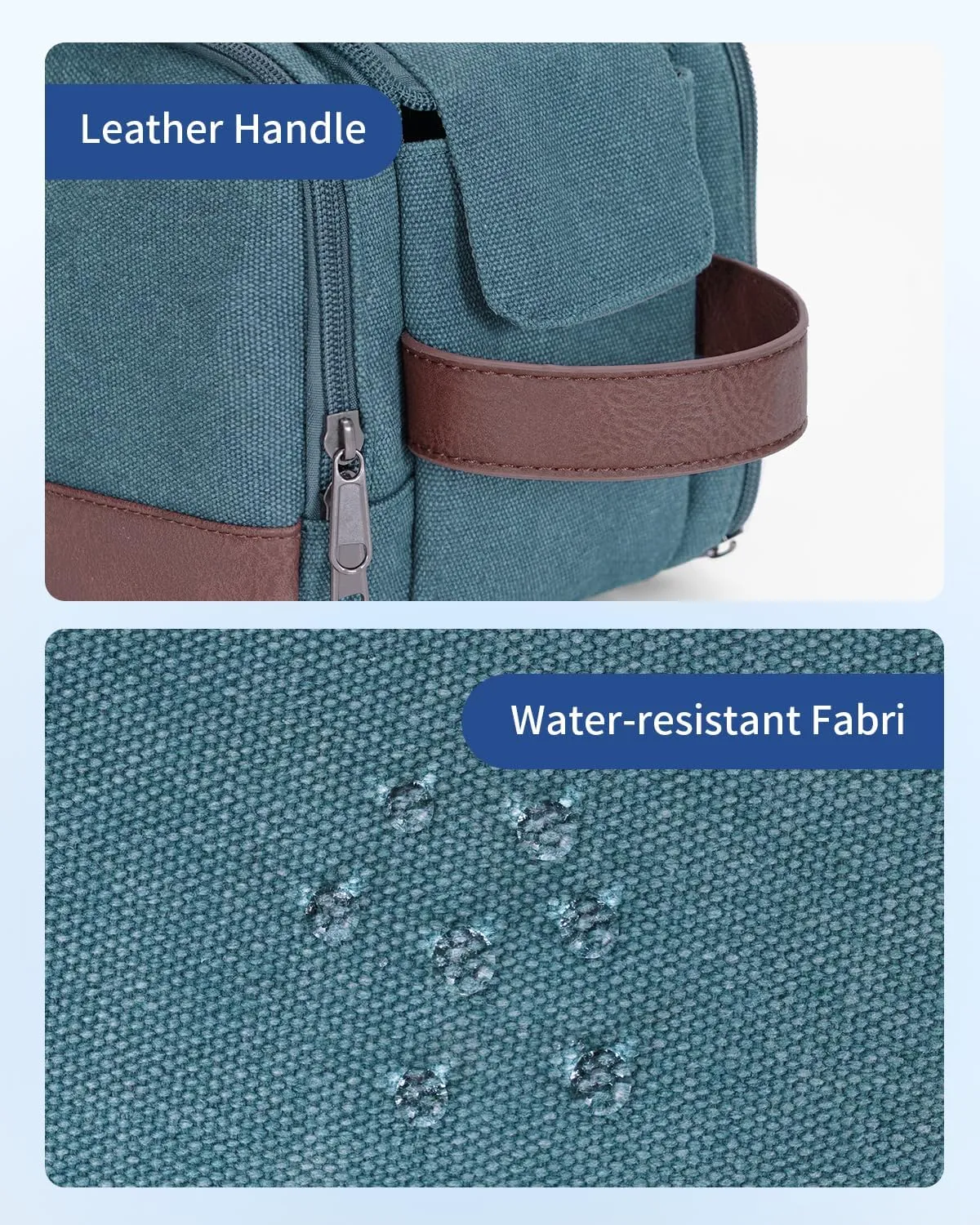 WANDF Toiletry Bag for Men Travel Toiletry Organizer Canvas and Leather Dopp Kit Water-Resistant Shaving Bag for Travel Accessories (Blue-Green)
