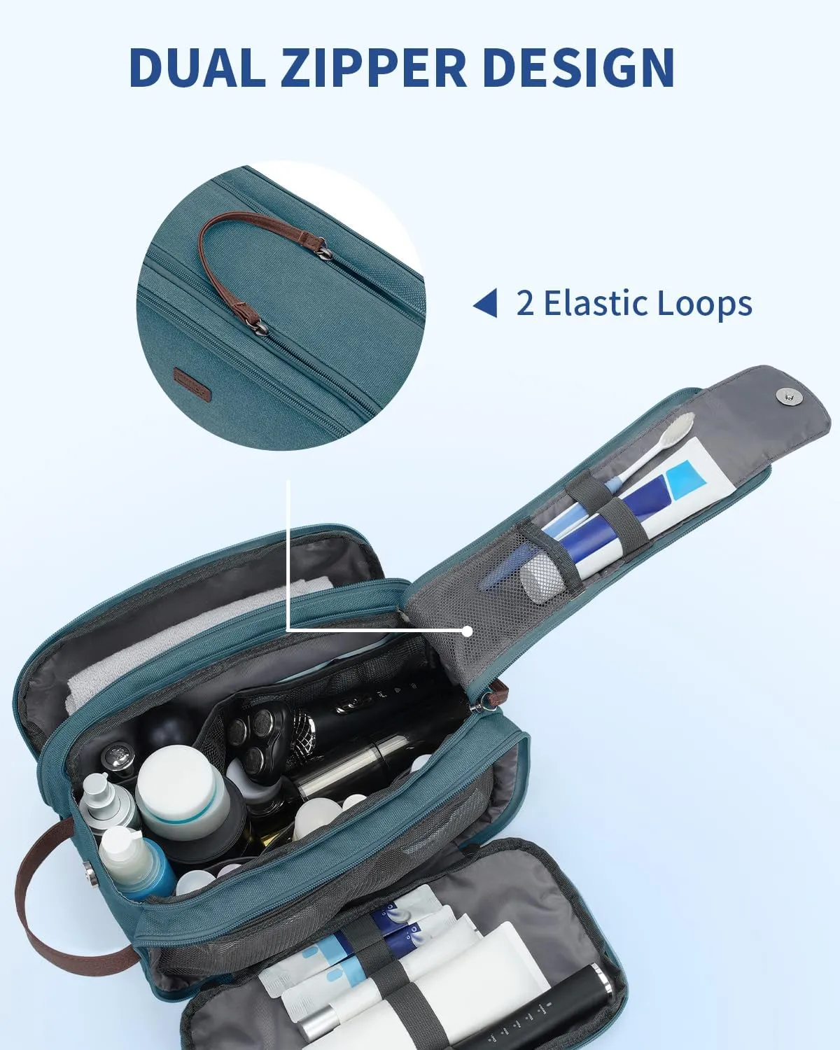 WANDF Toiletry Bag for Men Travel Toiletry Organizer Canvas and Leather Dopp Kit Water-Resistant Shaving Bag for Travel Accessories (Blue-Green)