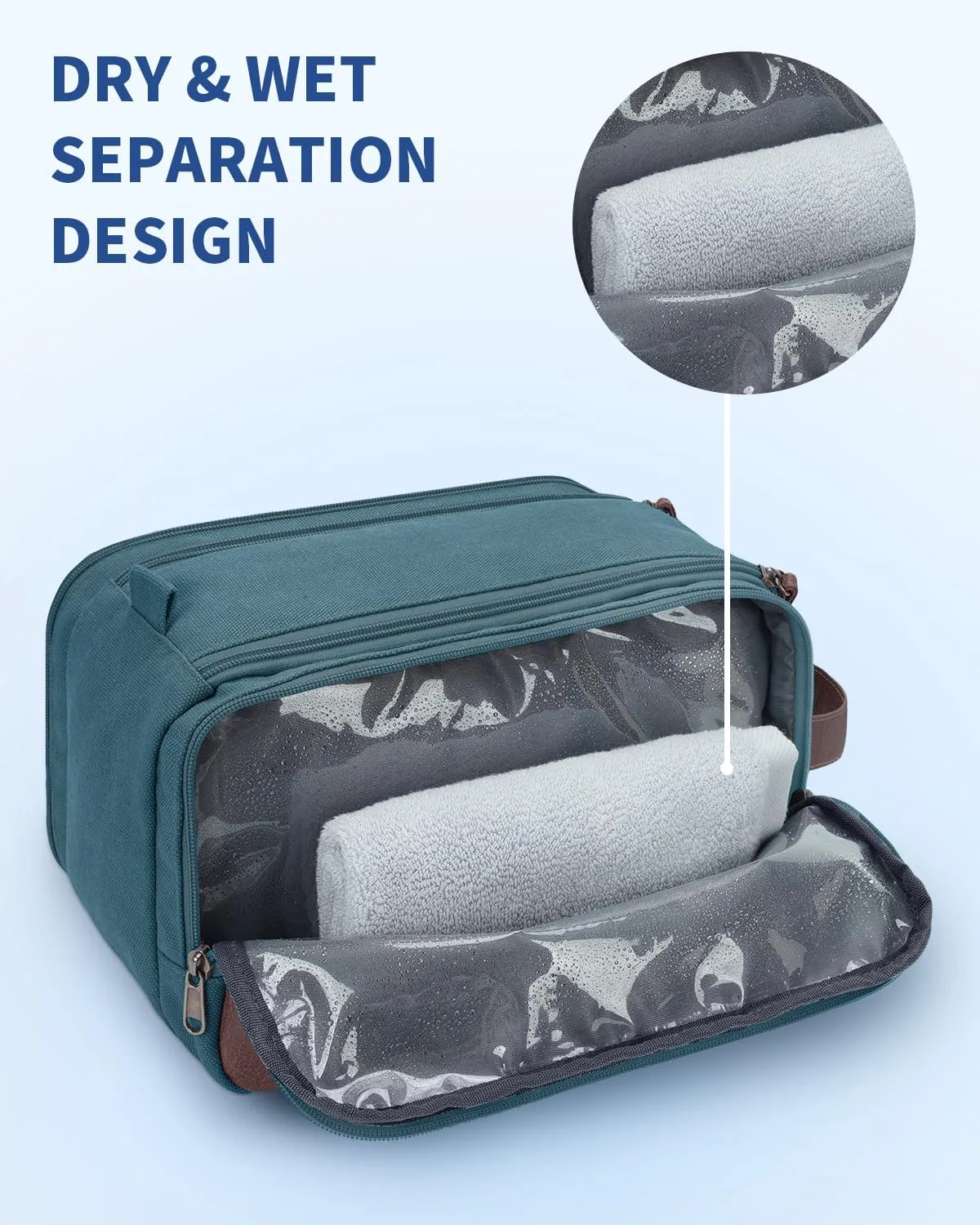WANDF Toiletry Bag for Men Travel Toiletry Organizer Canvas and Leather Dopp Kit Water-Resistant Shaving Bag for Travel Accessories (Blue-Green)