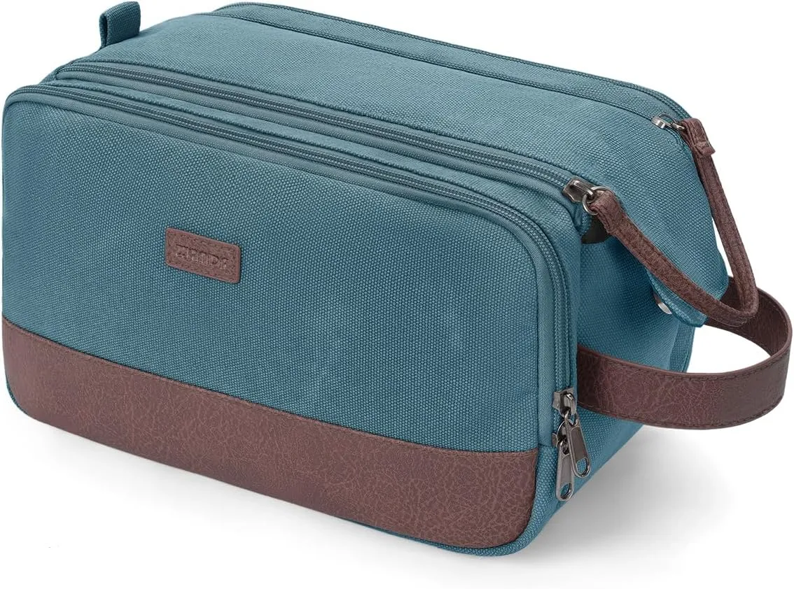 WANDF Toiletry Bag for Men Travel Toiletry Organizer Canvas and Leather Dopp Kit Water-Resistant Shaving Bag for Travel Accessories (Blue-Green)