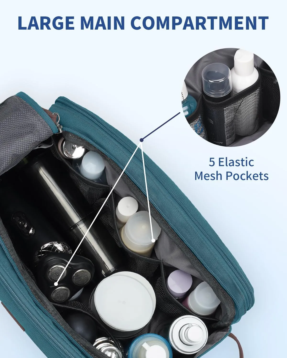 WANDF Toiletry Bag for Men Travel Toiletry Organizer Canvas and Leather Dopp Kit Water-Resistant Shaving Bag for Travel Accessories (Blue-Green)