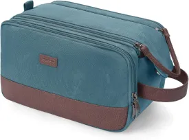 WANDF Toiletry Bag for Men Travel Toiletry Organizer Canvas and Leather Dopp Kit Water-Resistant Shaving Bag for Travel Accessories (Blue-Green)