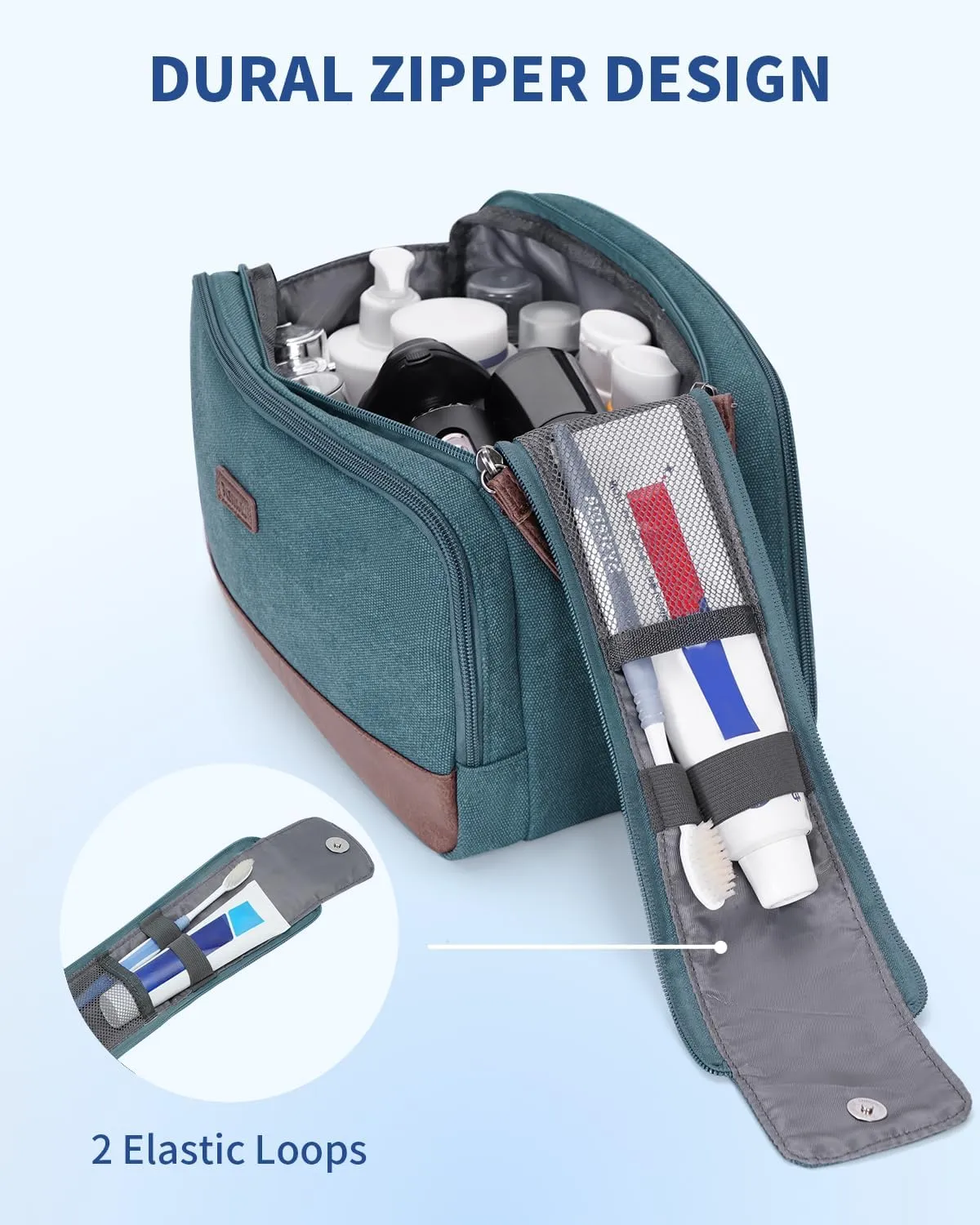 WANDF Toiletry Bag for Men Travel Toiletry Organizer Canvas and Leather Dopp Kit Water-Resistant Shaving Bag for Travel Accessories (Blue-Green)