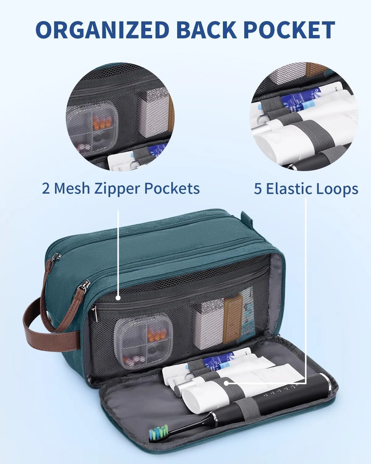 WANDF Toiletry Bag for Men Travel Toiletry Organizer Canvas and Leather Dopp Kit Water-Resistant Shaving Bag for Travel Accessories (Blue-Green)