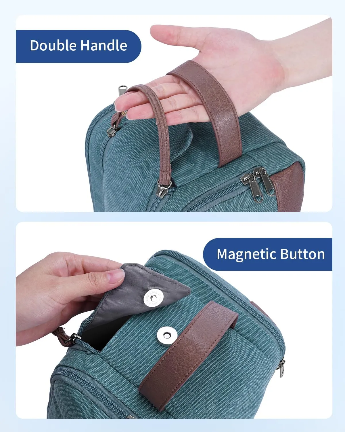 WANDF Toiletry Bag for Men Travel Toiletry Organizer Canvas and Leather Dopp Kit Water-Resistant Shaving Bag for Travel Accessories (Blue-Green)