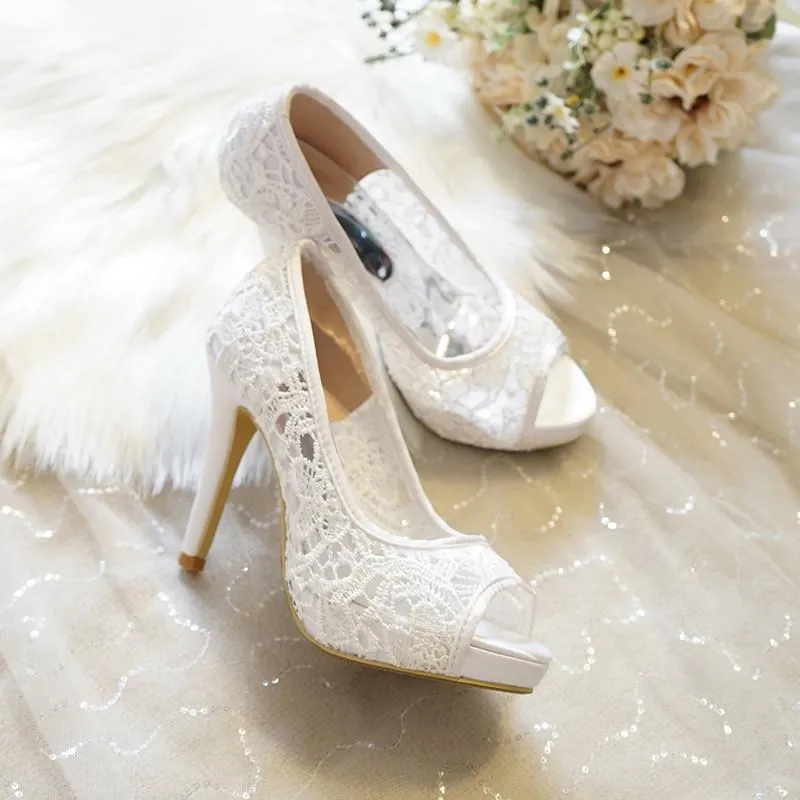 Women's lace wedding platform peep toe stiletto heels