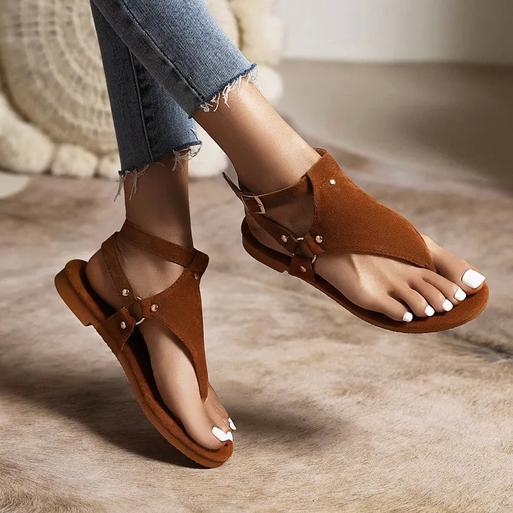 Women's Solid Color Flip Flops Hollow Out Rivets Flat Sandals