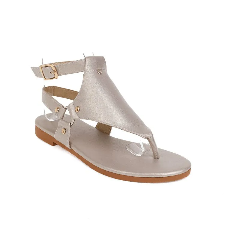 Women's Solid Color Flip Flops Hollow Out Rivets Flat Sandals