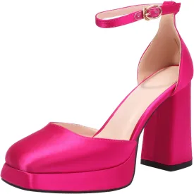 XIEDA Women's Closed Toe Platform Chunky High Block Satin Heels 4 Inch Ankle Strap Party Prom Dress Pumps