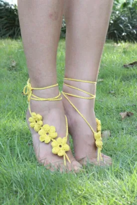Yellow Hand Made Flowery Crochet Beach Sandals