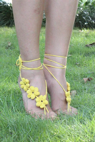 Yellow Hand Made Flowery Crochet Beach Sandals